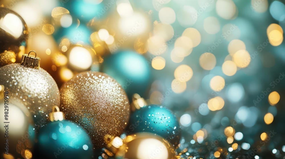 festive holiday background shimmering gold and teal ornaments twinkling lights soft focus bokeh effect elegant and modern christmas aesthetic with ample copy space festive holiday background shimmering gold and teal ornaments twinkling lights soft focus bokeh effect elegant and modern christmas aesthetic with ample copy space