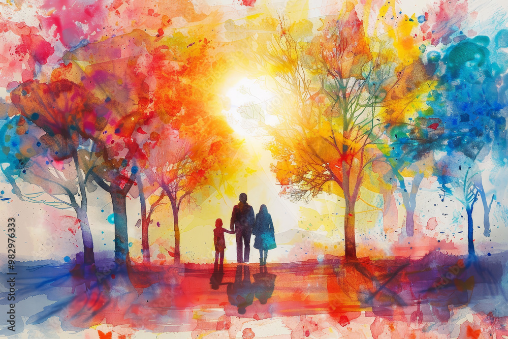 A painting of a family walking through a park with trees in the background A painting of a family walking through a park with trees in the background