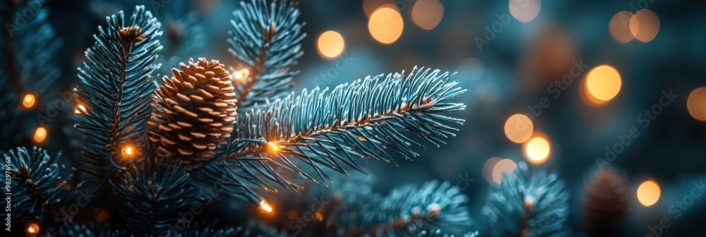 A pine tree branch showcases a cozy arrangement of lights and natural textures in winter A pine tree branch showcases a cozy arrangement of lights and natural textures in winter