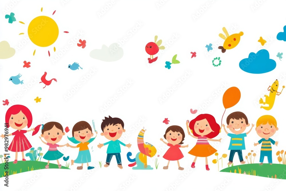 Colorful Illustration of Children Playing in a Sunny Meadow Colorful Illustration of Children Playing in a Sunny Meadow
