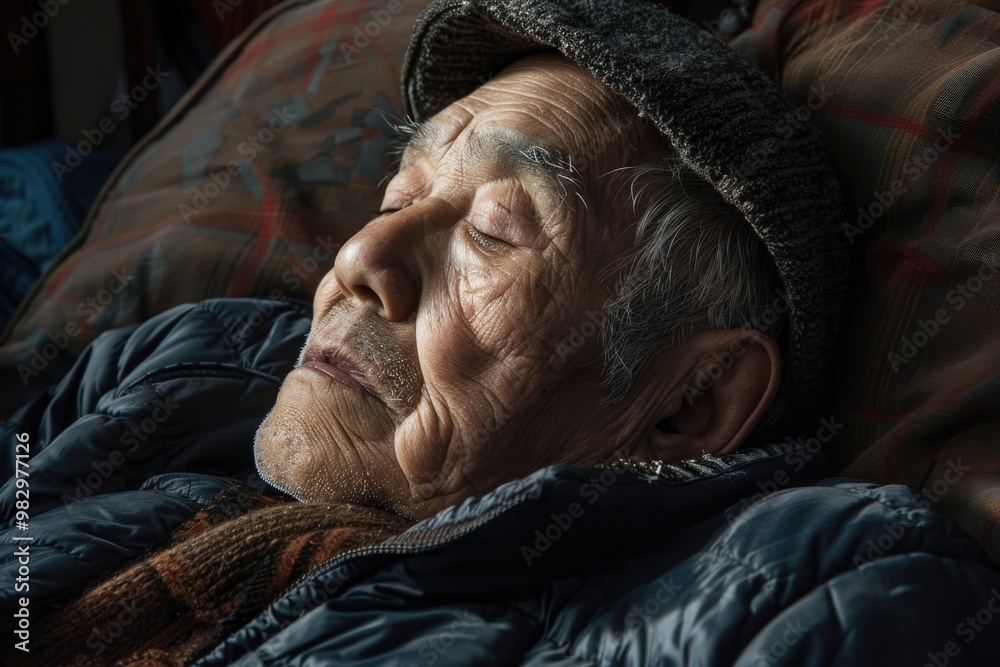 Fototapeta premium Elderly Man Sleeping Peacefully on Couch with Patterned Pillows