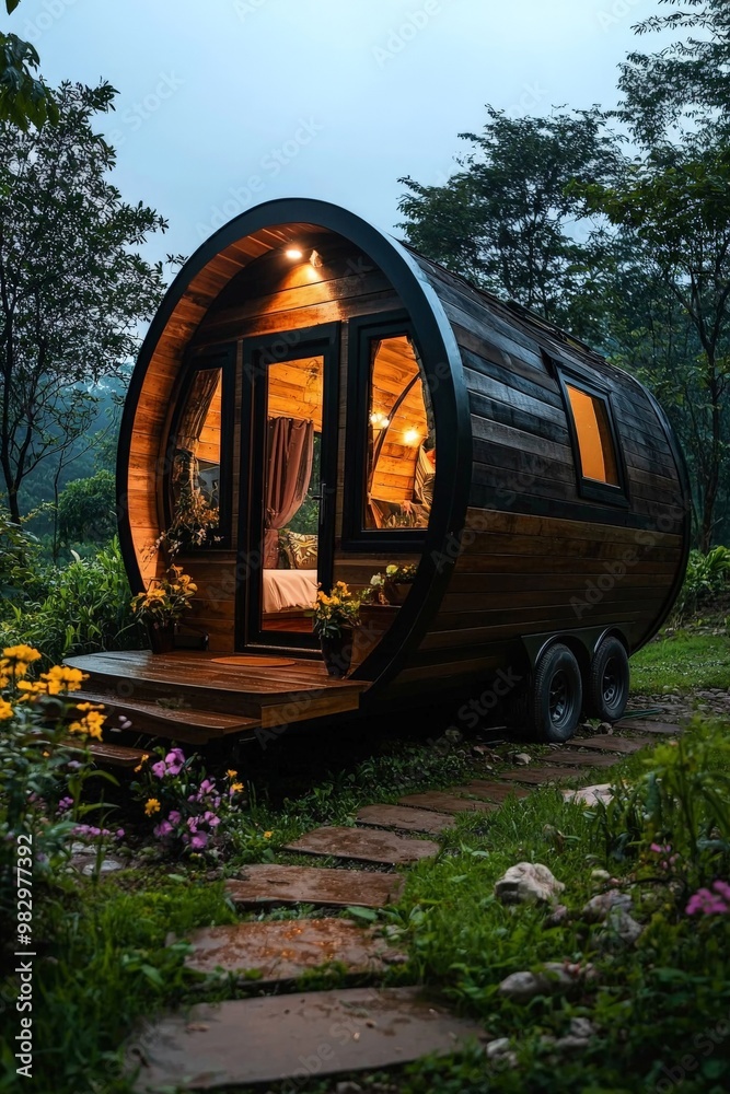 A whimsical tiny home in the shape of a wooden barrel, located in a lush meadow, with flowers blooming and a path leading to a small garden A whimsical tiny home in the shape of a wooden barrel, located in a lush meadow, with flowers blooming and a path leading to a small garden