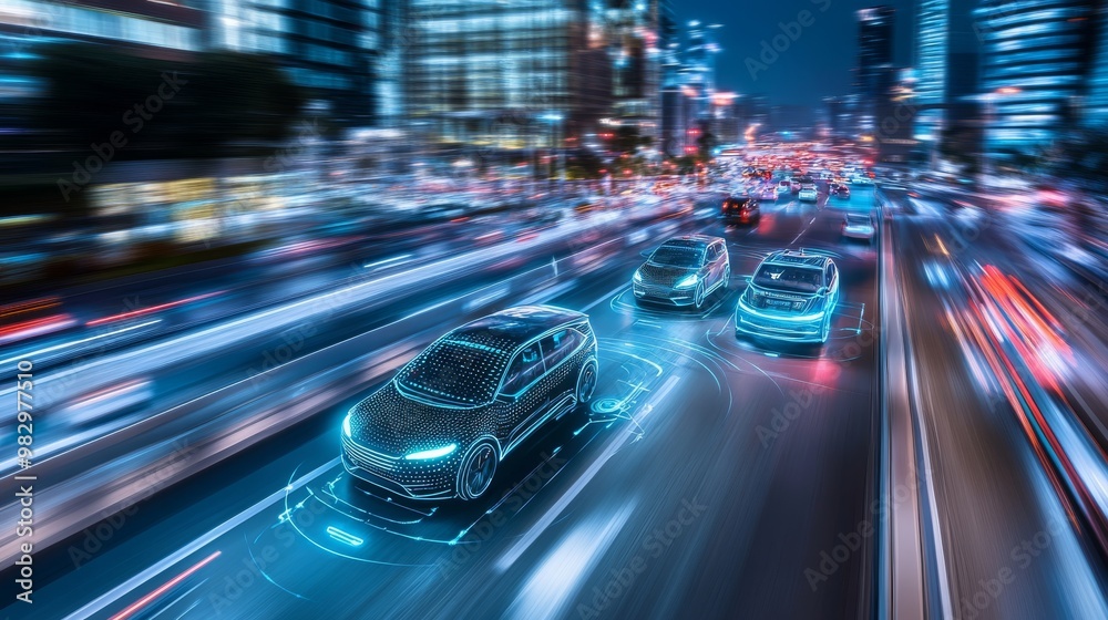 A futuristic city street scene at night, featuring illuminated, high-tech vehicles in motion amidst a backdrop of skyscrapers and vibrant city lights. A futuristic city street scene at night, featuring illuminated, high-tech vehicles in motion amidst a backdrop of skyscrapers and vibrant city lights.