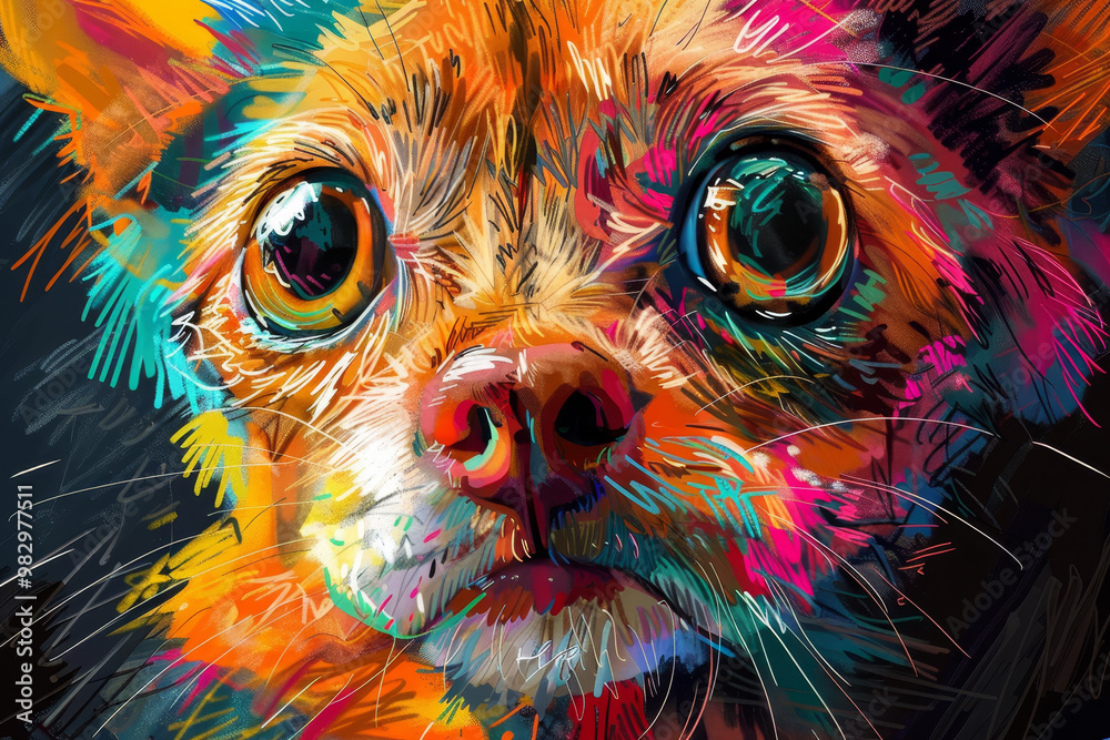 A colorful dog with a big brown nose and eyes A colorful dog with a big brown nose and eyes