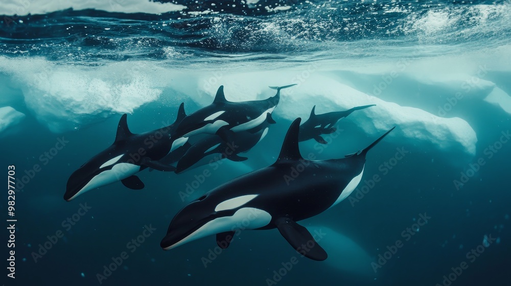 Obraz premium A group of killer whales swam together in a line, making their way through the cold, clear water of Antarctica.