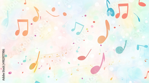 Colorful music notes and musical staff on a pastel, bokeh background create a whimsical and artistic design. The notes are in a variety of shapes and colors, adding a playful touch.