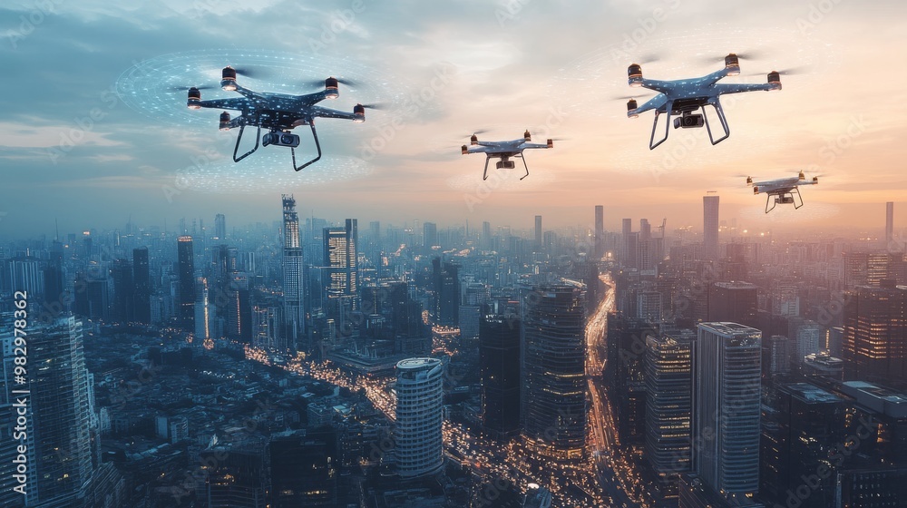 Naklejka premium Drones hover above a bustling cityscape at dusk, showcasing the intersection of technology and urban life with glowing buildings and busy streets below.