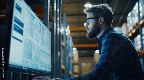 focused warehouse worker analyzes data on a large computer screen industrial setting with shelving units visible in background ambient lighting highlights screens glow on workers face