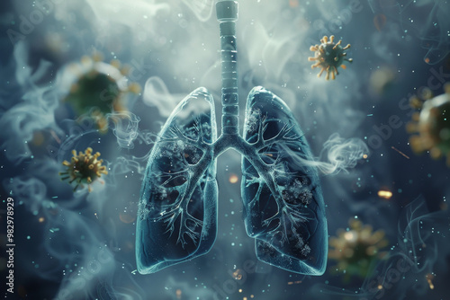 A lung is shown with smoke and a virus in the background