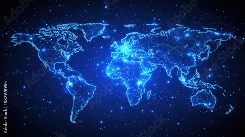 A detailed world map visualization in blue, highlighting global digital networks and data flows