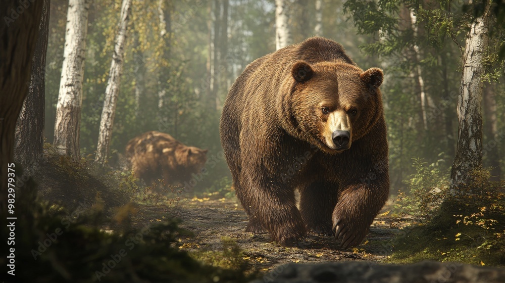 A large, brown bear is walking through the woods.
