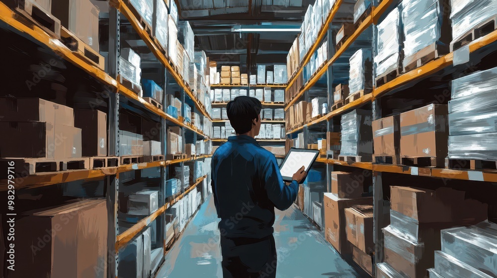 friendly salesman checking inventory on tablet in wellstocked hardware warehouse digital painting friendly salesman checking inventory on tablet in wellstocked hardware warehouse digital painting