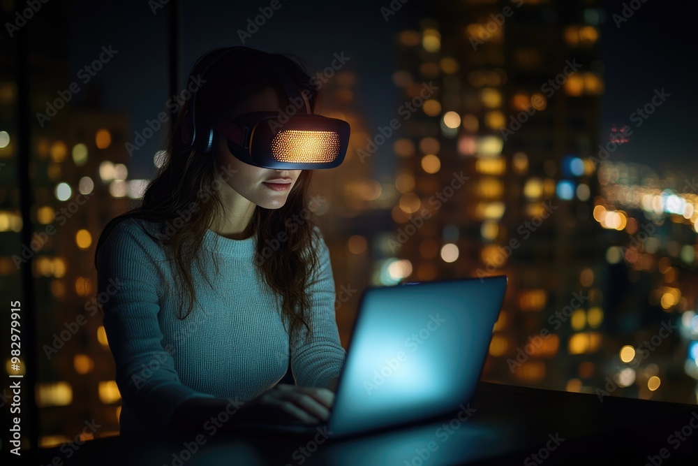 A businesswoman uses a virtual reality simulator while working on a laptop at night A businesswoman uses a virtual reality simulator while working on a laptop at night
