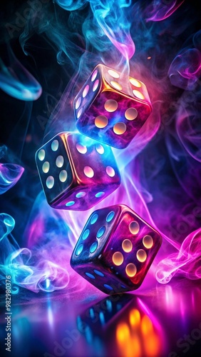 cool dice wallpaper image with smoke effects and neon lights.