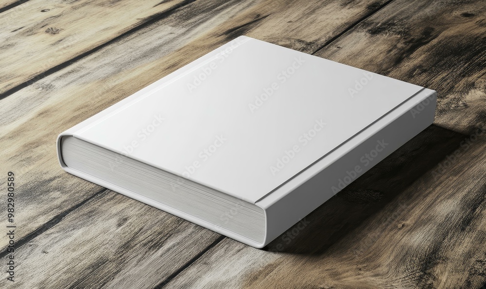 A blank white book lies on a wooden table. A blank white book lies on a wooden table.
