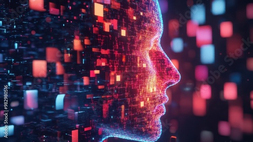 futuristic 3d rendering of a human head composed of glowing digital blocks vibrant colors and intricate patterns suggest artificial intelligence and cognitive complexity