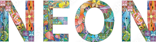 Word NEON. Neon is a chemical element. Vector decorative zentangle object for any purpose