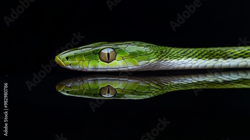 A long, green snake with a pointed nose is shown against a black background. You can see its reflection below it. photo