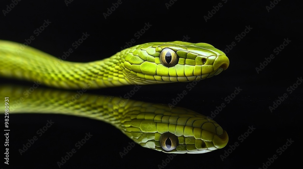 A long, green snake with a pointed nose is shown against a black background. You can see its reflection below it. A long, green snake with a pointed nose is shown against a black background. You can see its reflection below it.