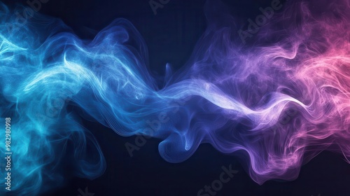 futuristic abstract background with intertwining smokelike tendrils in blue mint and purple digital glitch effect creating sense of movement and depth photo