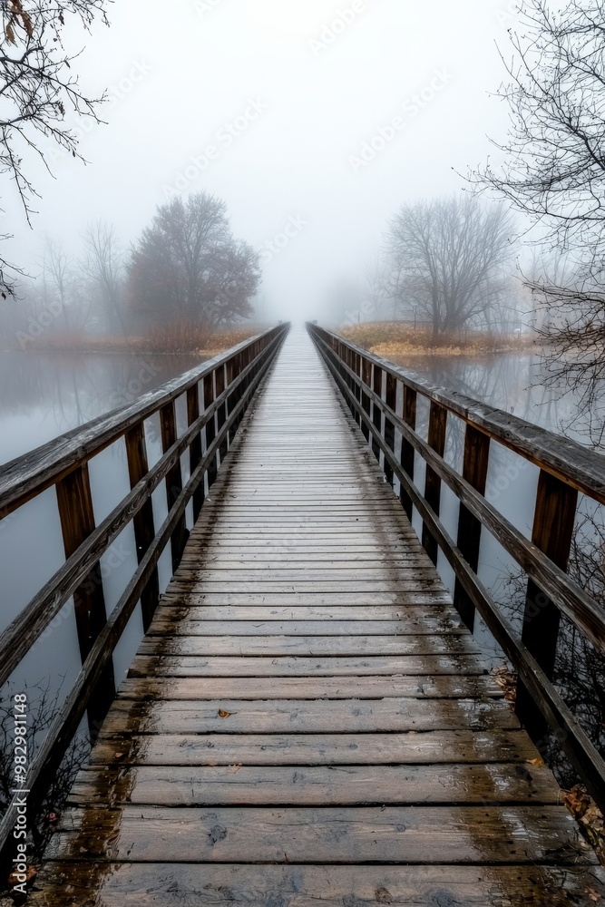 A wooden bridge disappearing into the fog, spanning across a river shrouded in early morning mist A wooden bridge disappearing into the fog, spanning across a river shrouded in early morning mist