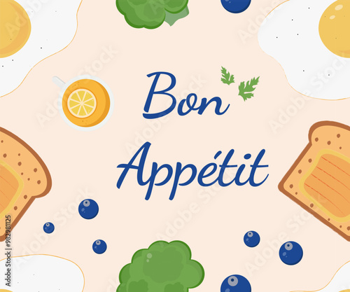 Breakfast seamless pattern with toast, fried eggs, blueberries, broccoli, and a lemon tea. Bon Appetit design for kitchen decor or food projects. Vector art.
