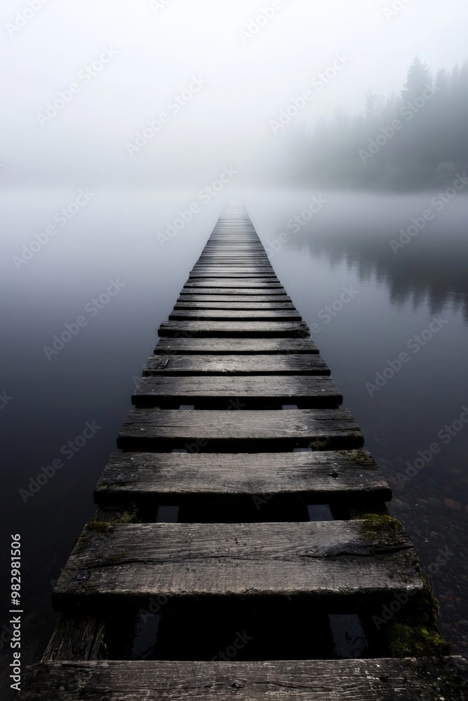 Naklejka premium A wooden bridge disappearing into the fog, spanning across a river shrouded in early morning mist