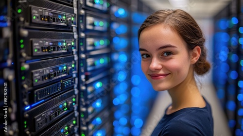 A female technician is adjusting server equipment in a modern server room