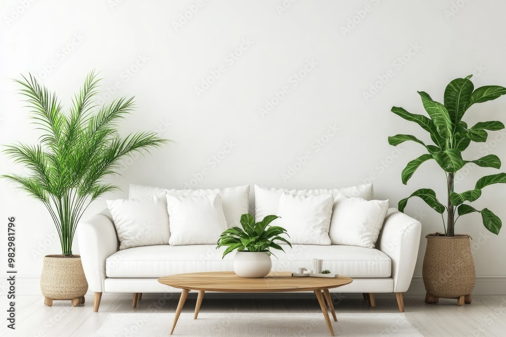 Modern Living Room Interior with Stylish Sofa, Minimalist Design and Indoor Plants on Wooden Table Modern Living Room Interior with Stylish Sofa, Minimalist Design and Indoor Plants on Wooden Table