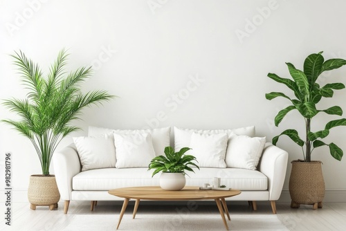 Modern Living Room Interior with Stylish Sofa, Minimalist Design and Indoor Plants on Wooden Table