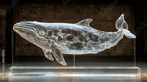 Transparent whale sculpture in a gallery space