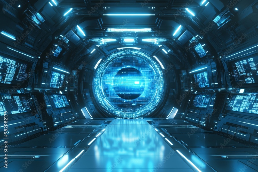 Futuristic Spaceship Corridor with Glowing Blue Lights Futuristic Spaceship Corridor with Glowing Blue Lights