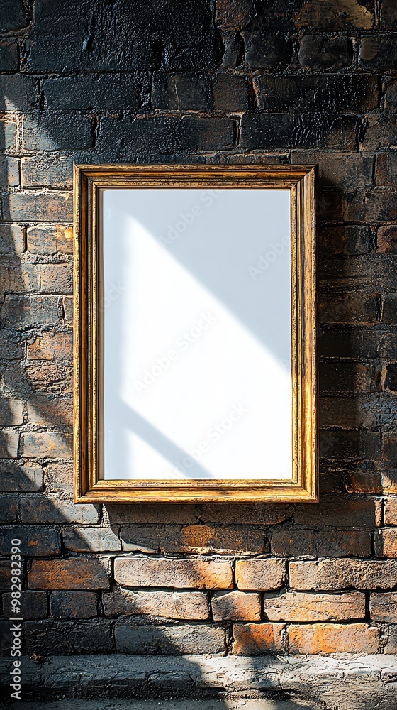 Elegant gold frame on a rustic brick wall, perfect for showcasing art or photography in a stylish interior. Elegant gold frame on a rustic brick wall, perfect for showcasing art or photography in a stylish interior.