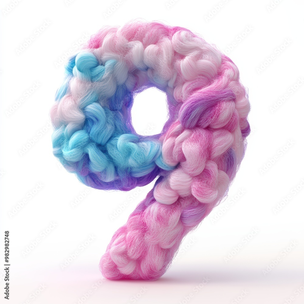 3D number 9 with colored cotton candy texture realistic modern design, soft lighting, white background. 3D number 9 with colored cotton candy texture realistic modern design, soft lighting, white background.