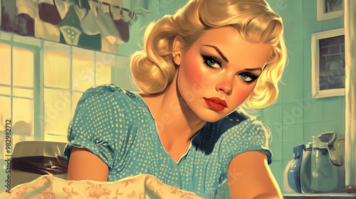 A retro vintage styled image of a glamorous housewife, full make up, looking sad or desperate, landscape format 16:9 with space photo