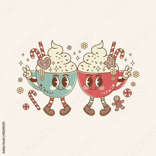 beautiful christmas illustration retro style of chocolate cups the coffee 