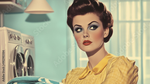 A retro vintage styled image of a glamorous housewife, full make up, looking vacant or desperate, landscape format 16:9 with space photo