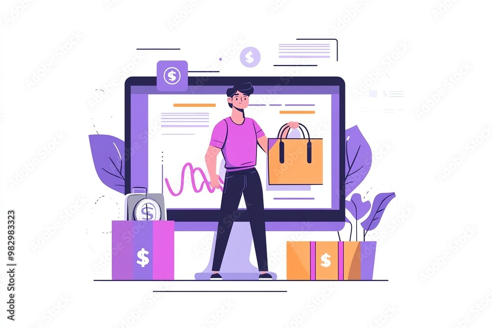 A modern illustration of a man holding a shopping bag in front of a digital screen with finance graphics. A modern illustration of a man holding a shopping bag in front of a digital screen with finance graphics.