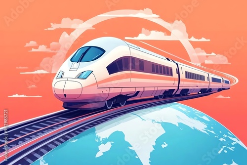 A sleek, modern train travels along a winding track, symbolizing speed and connectivity in a vibrant, global landscape.