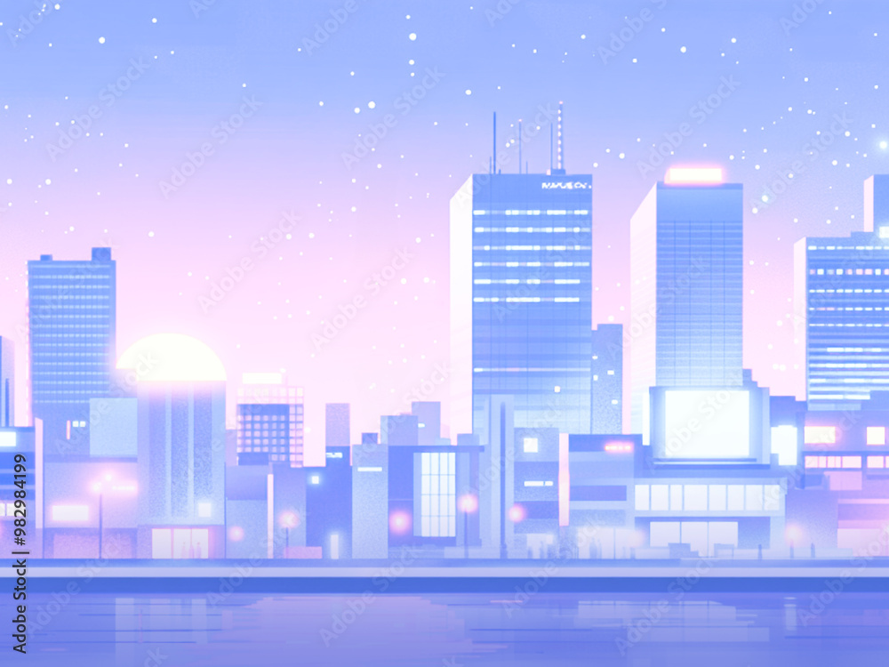 A morning city skyline with a purple background A morning city skyline with a purple background