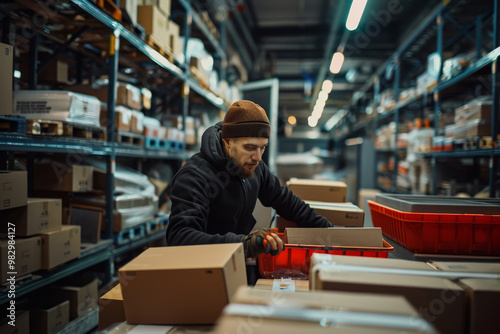 A man is sorting through boxes in a warehouse