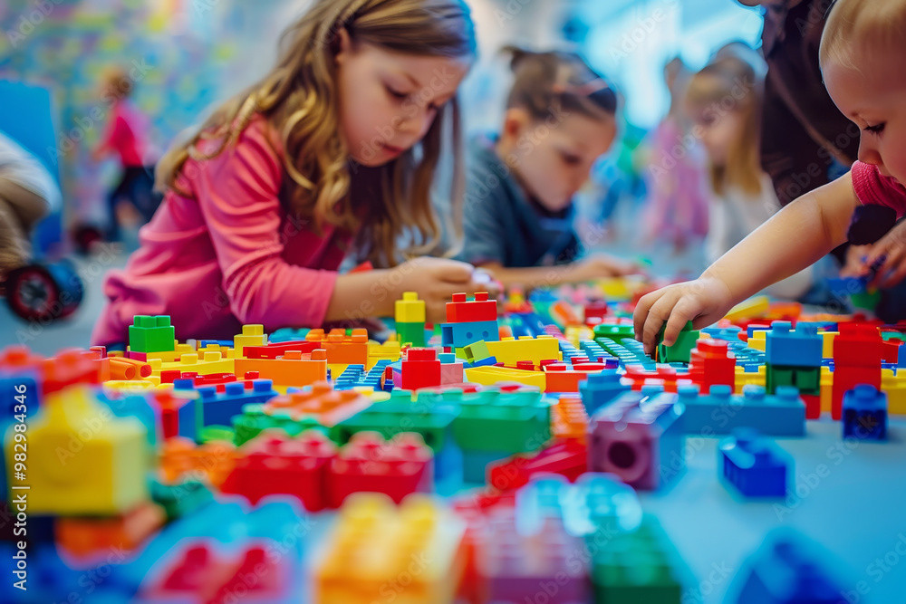 A group of children playing with a pile of colorful A group of children playing with a pile of colorful