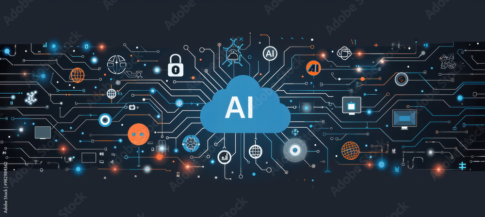 AI and Neural Network Symbols on Dark Blue AI and Neural Network Symbols on Dark Blue