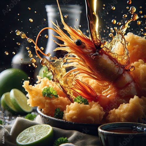 Close up of a Crispy fried prawn in a plate , close up , shrimp , tasty food . 