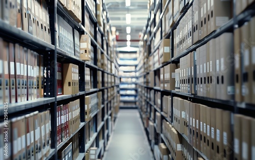 A view of organized archival shelves filled with labeled boxes, showcasing a well-maintained storage environment.