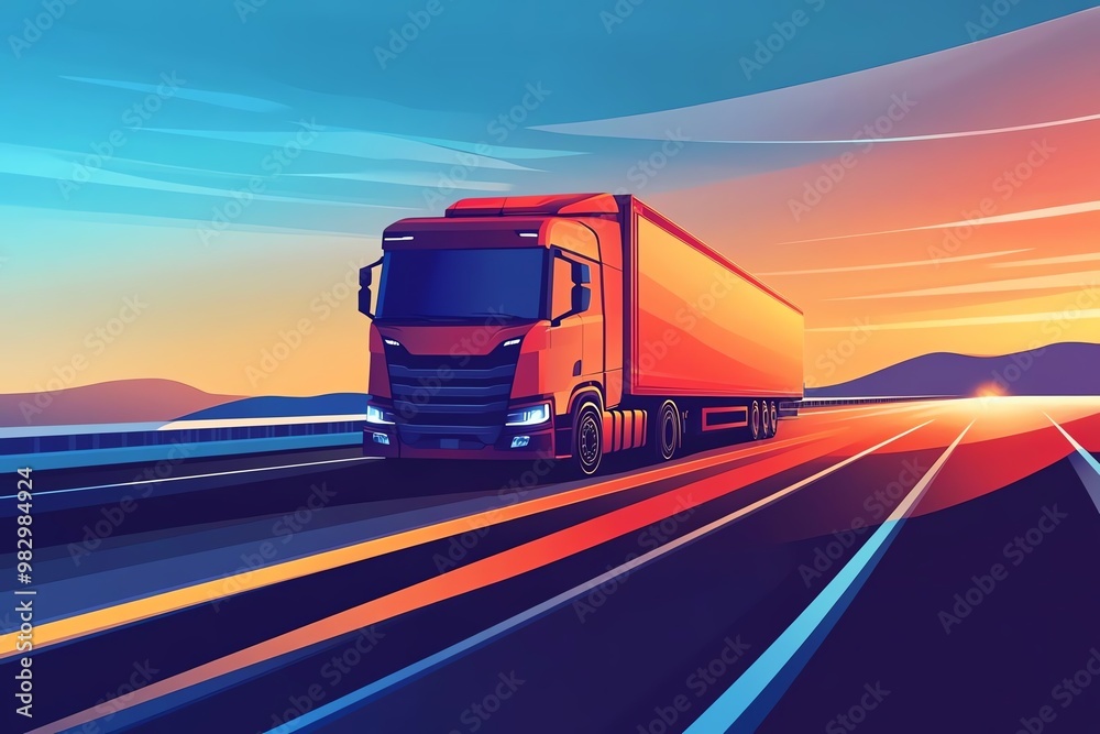 Vibrant truck driving on an open road during sunset, showcasing transportation and adventure in a stunning landscape. Vibrant truck driving on an open road during sunset, showcasing transportation and adventure in a stunning landscape.