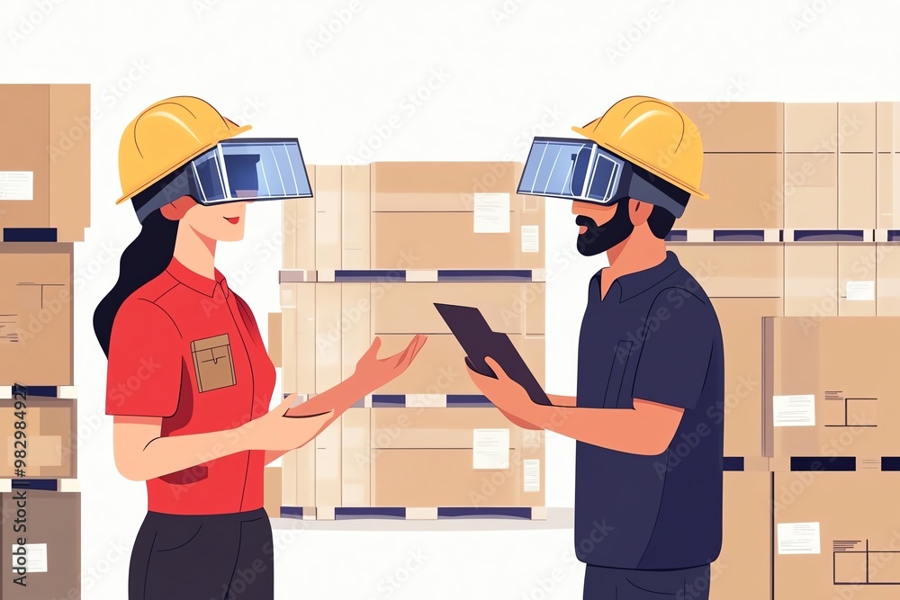Two workers in safety gear discuss project details using VR headsets in a warehouse filled with boxes. Two workers in safety gear discuss project details using VR headsets in a warehouse filled with boxes.
