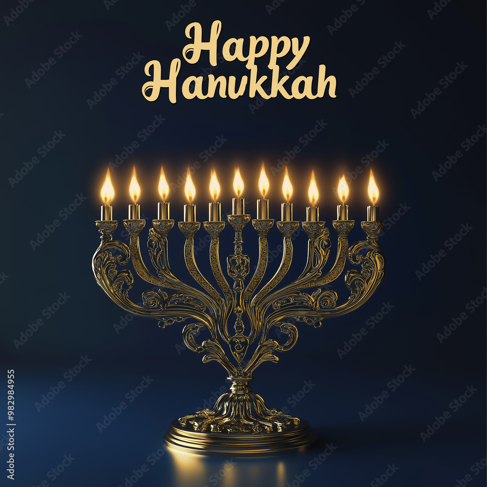 Happy Hanukkah, 3D Elegant Menorah Lighting  of a beautifully ornate menorah with glowing candles