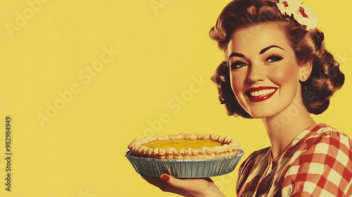 A vintage commercial style illustration of a perfect retro style traditional housewife in candy colours, smiling and holding a fresh baked pie. Wide landscape 16:9 with copy space, text blank photo