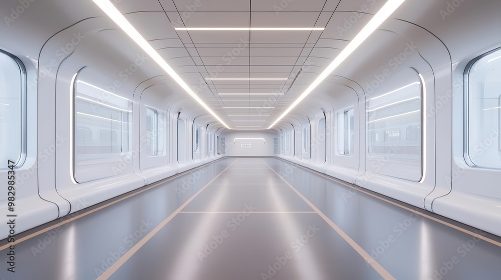 Obraz premium A modern, spacious corridor with sleek walls and large windows, perfect for futuristic architectural designs and transportation concepts.